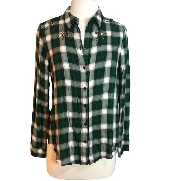 𝅺h&m Green Plaid Beaded Embroidered Insect Bug Button Down Blouse EUC Size 12 - Picture 1 of 9